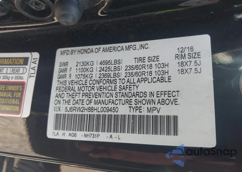 2017 Honda Cr-V Ex-L/Ex-L Navi z USA, uszkodzony, nr VIN 5J6RW2H88HL009450